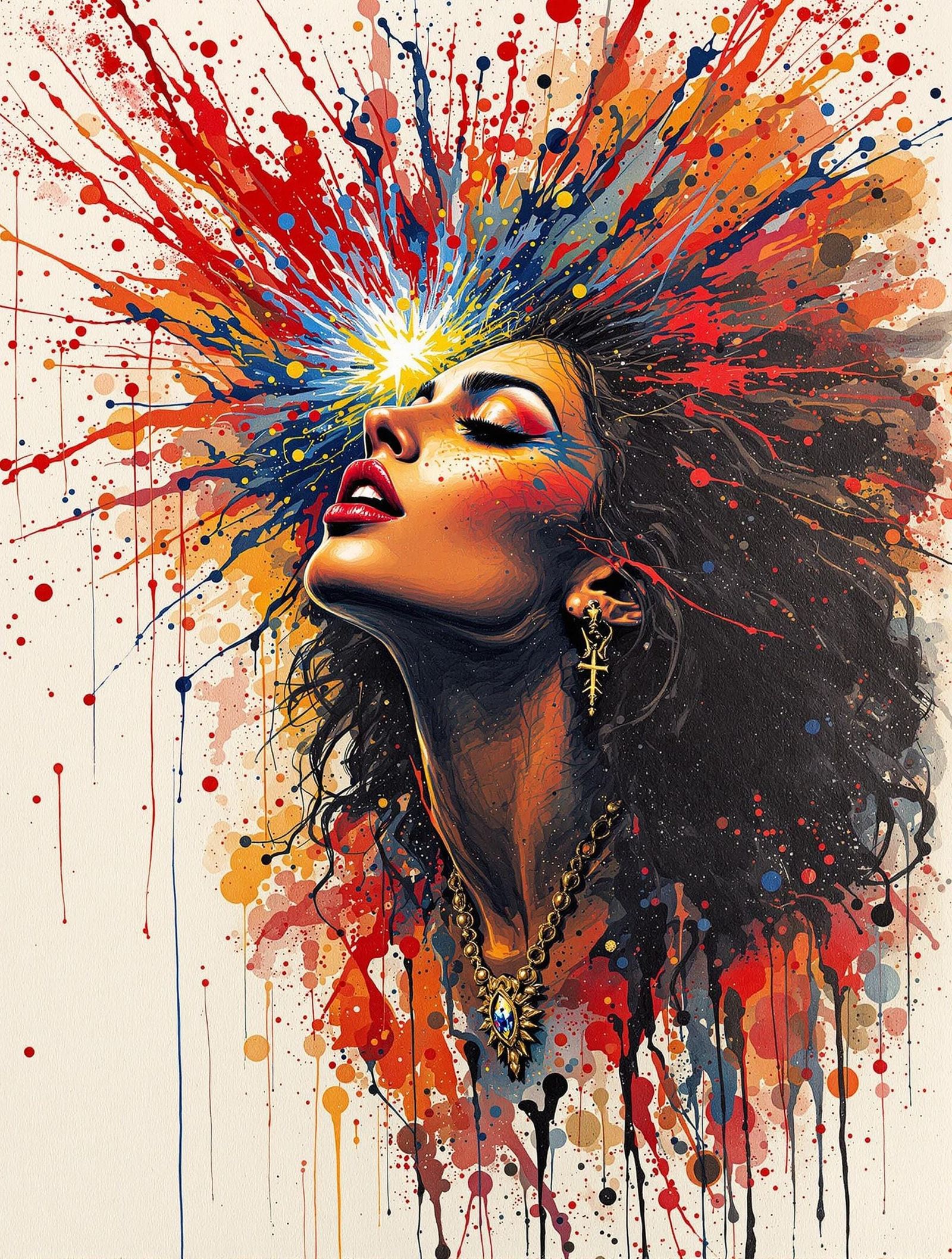 Radiant Latina Woman in Turbulent Mixed-Media Portrait