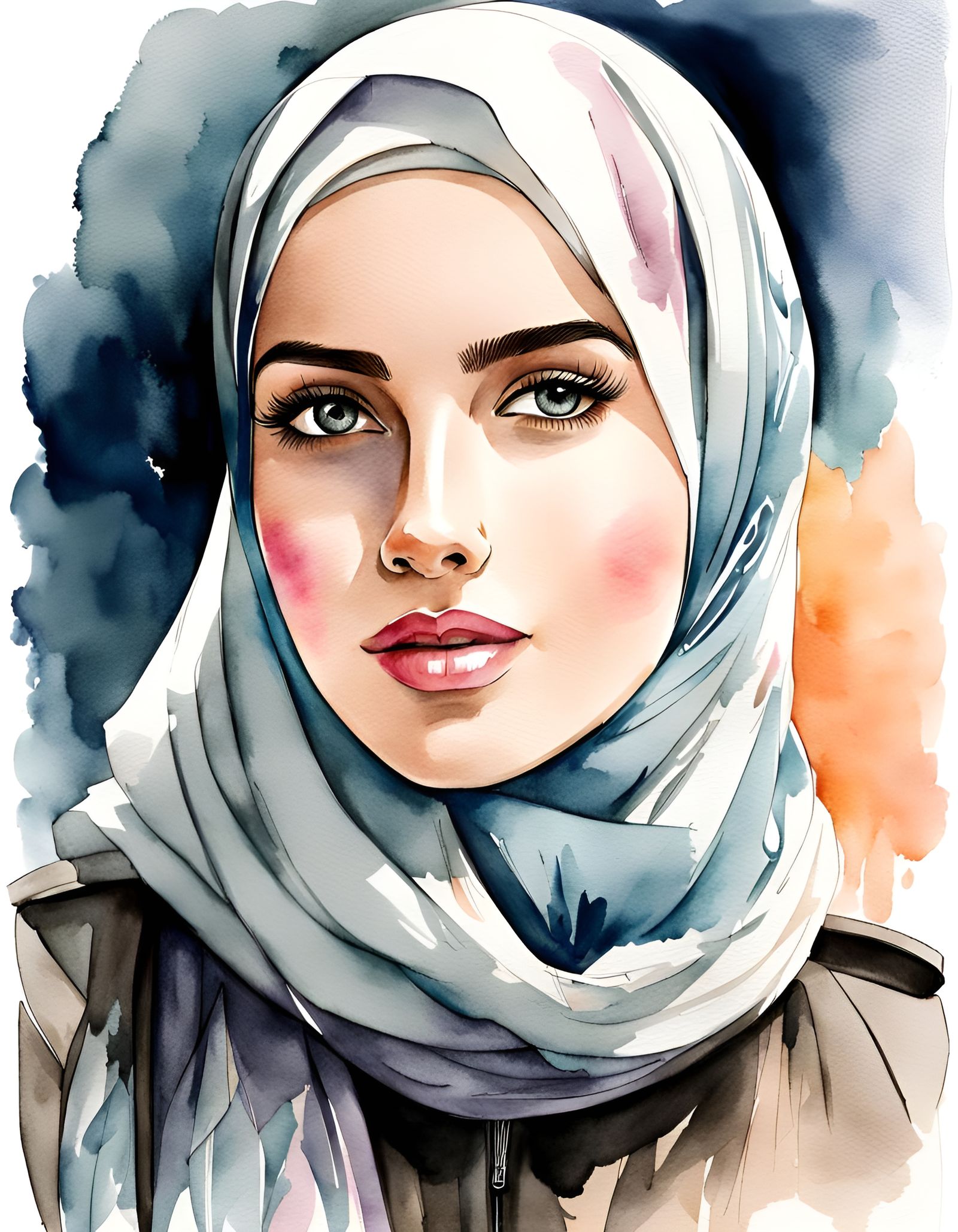 Beautiful German Woman in Hijab: Watercolor Art