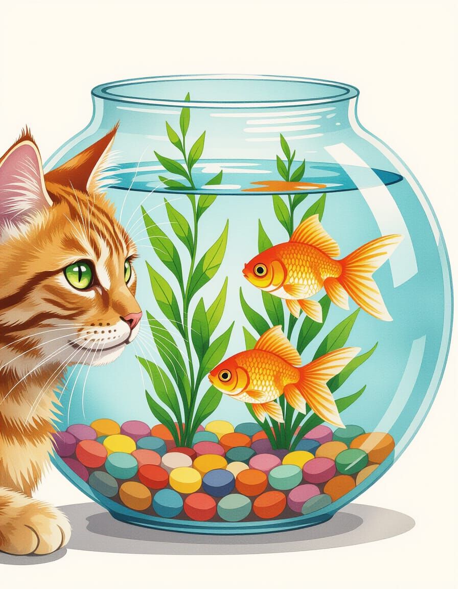 Orange Cat with Green Eyes Gazes at Fishbowl
