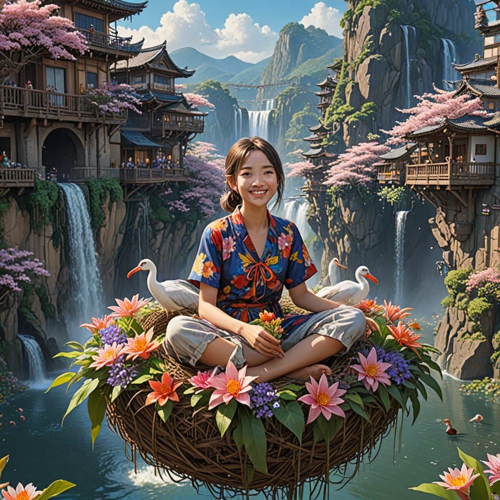 Floating Water City Utopia in Japanese Aesthetic