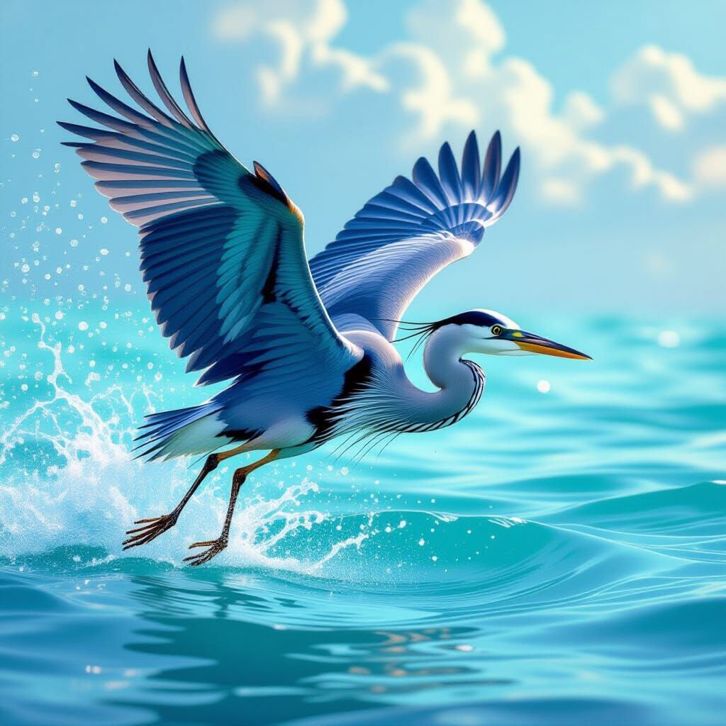 Heron Plunging into Turquoise Water with Detailed Effects