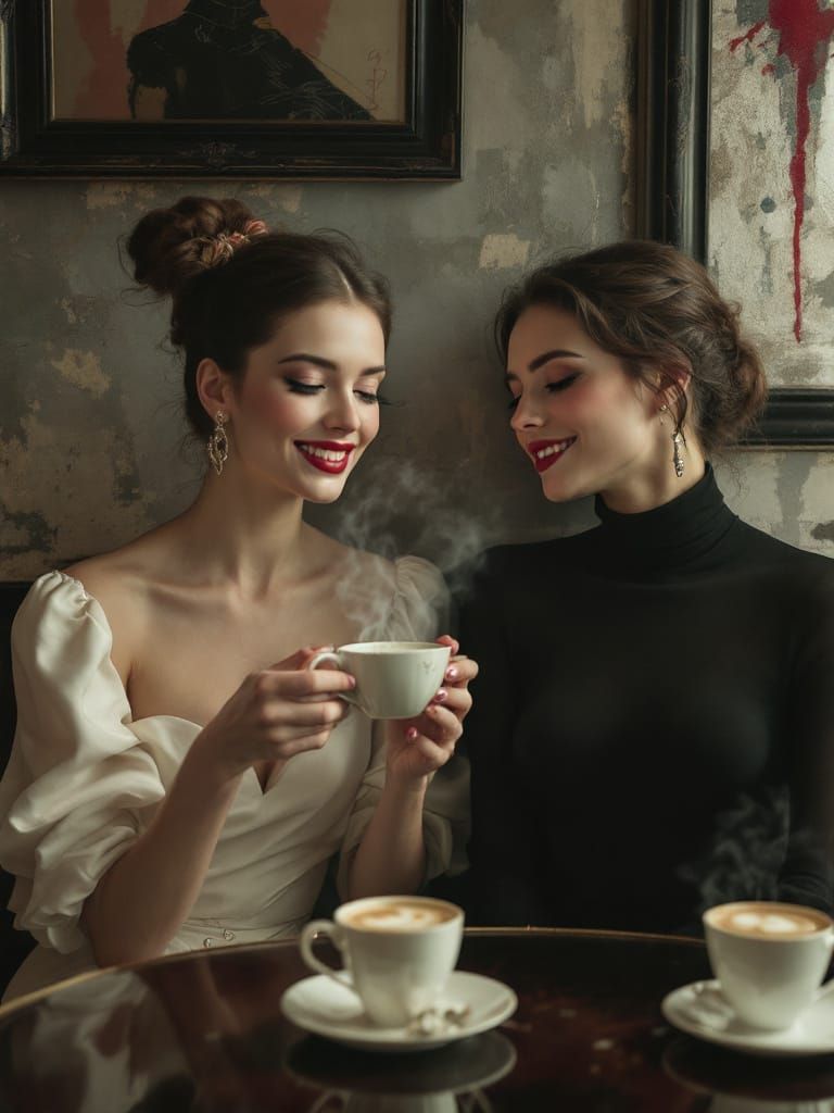 Modern Couture Women Share Tea in Cafe Portrait