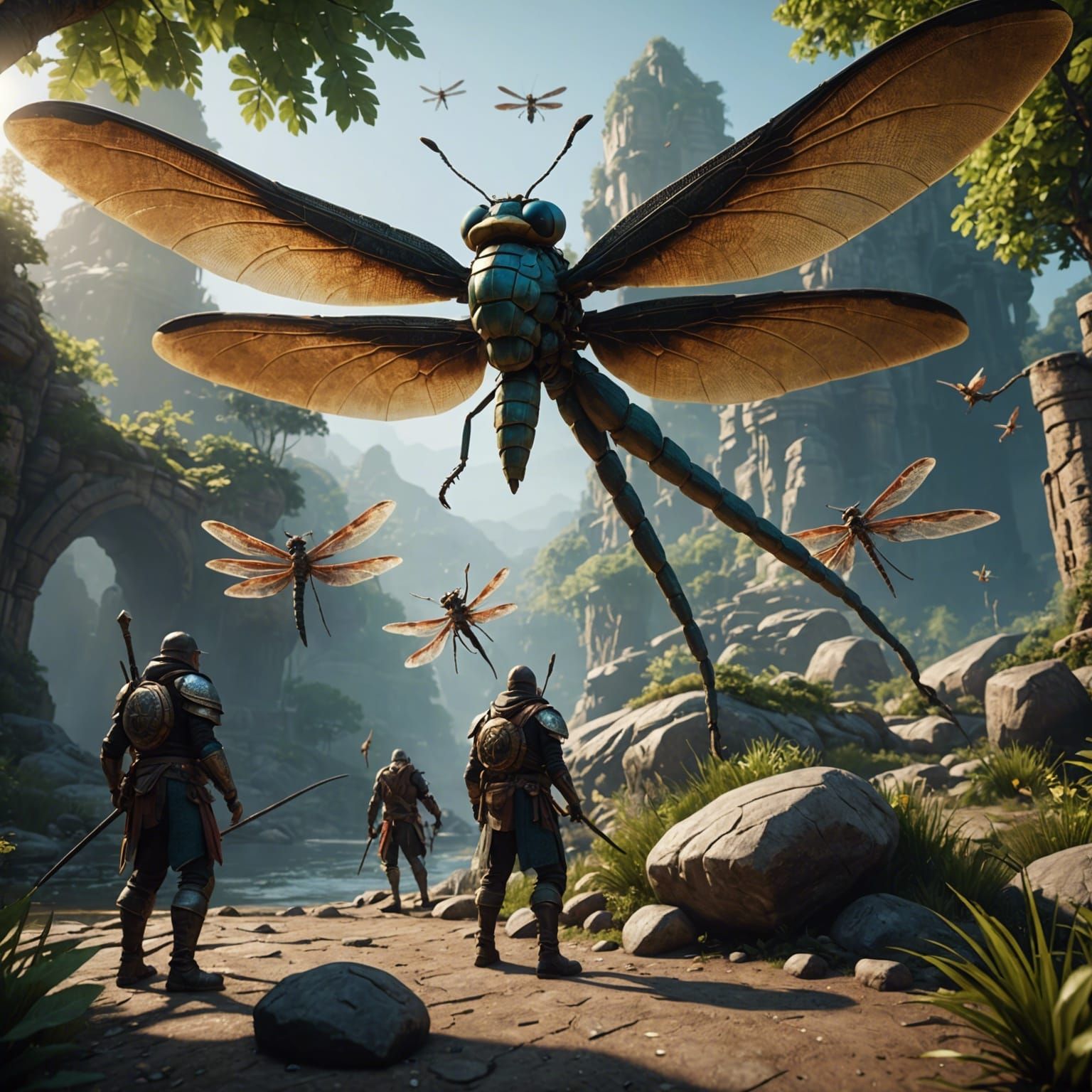 Adventurers Versus Giant Dragonfly: 3D Game Scene