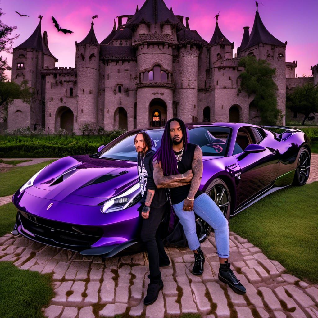 Gothic Men with Classic Cars at Castle