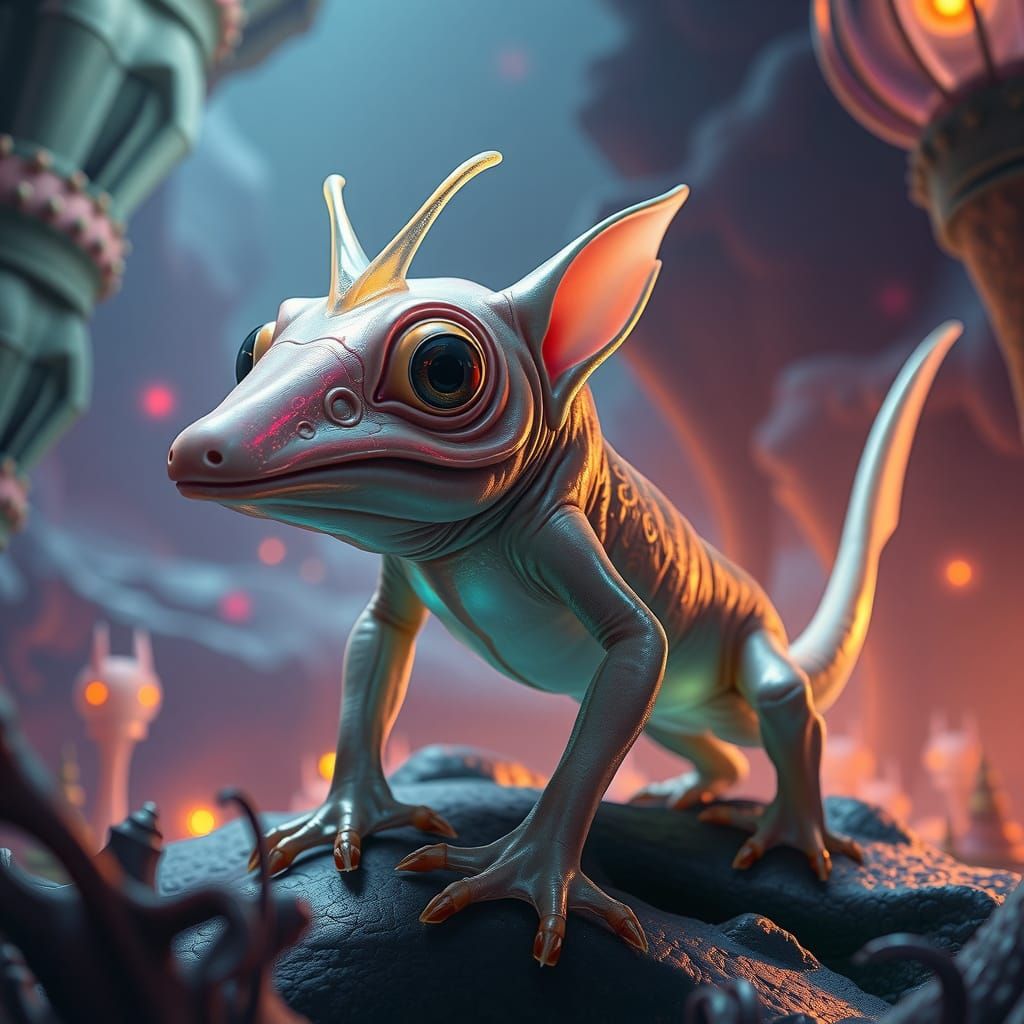 Glowing Alien Exoplanet with Iridescent Goblin-Shark Creatur...