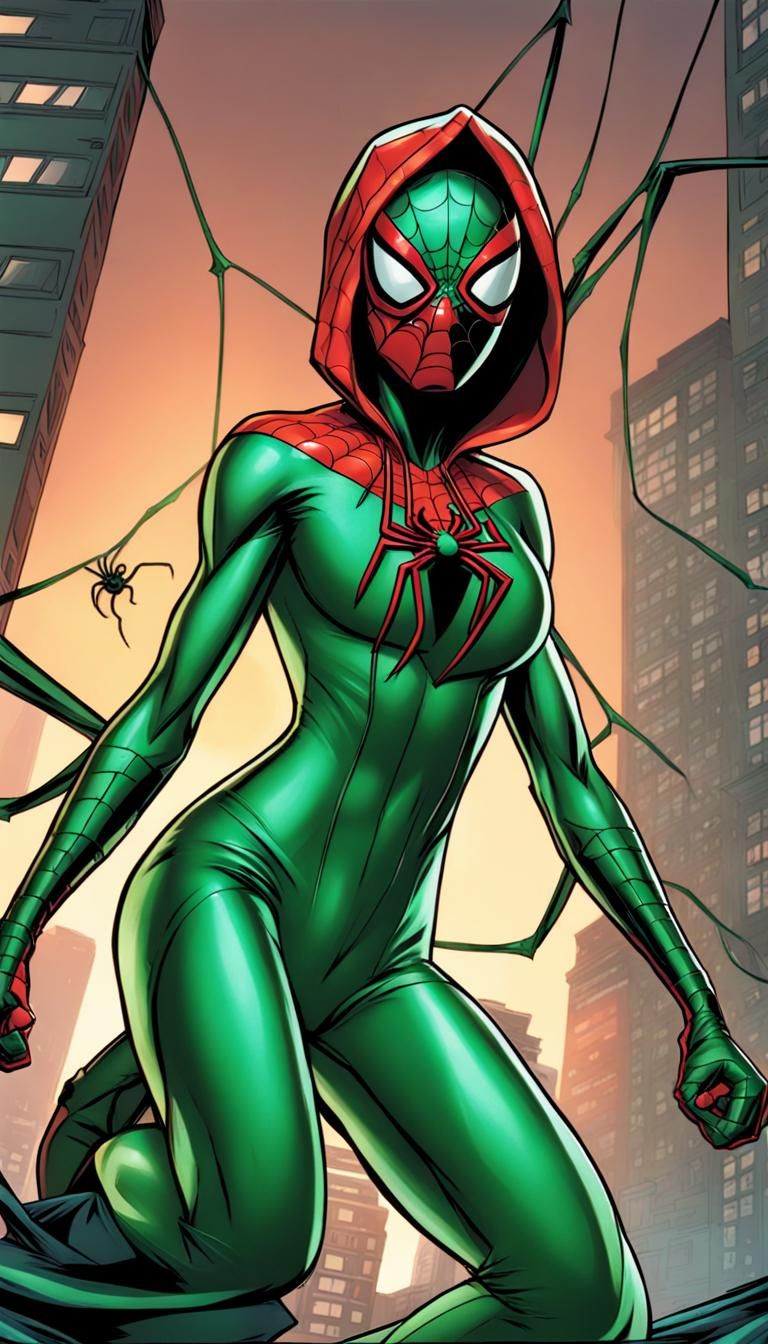 Spider-Girl in Green Costume Fighting Scene, Comic Book Art
