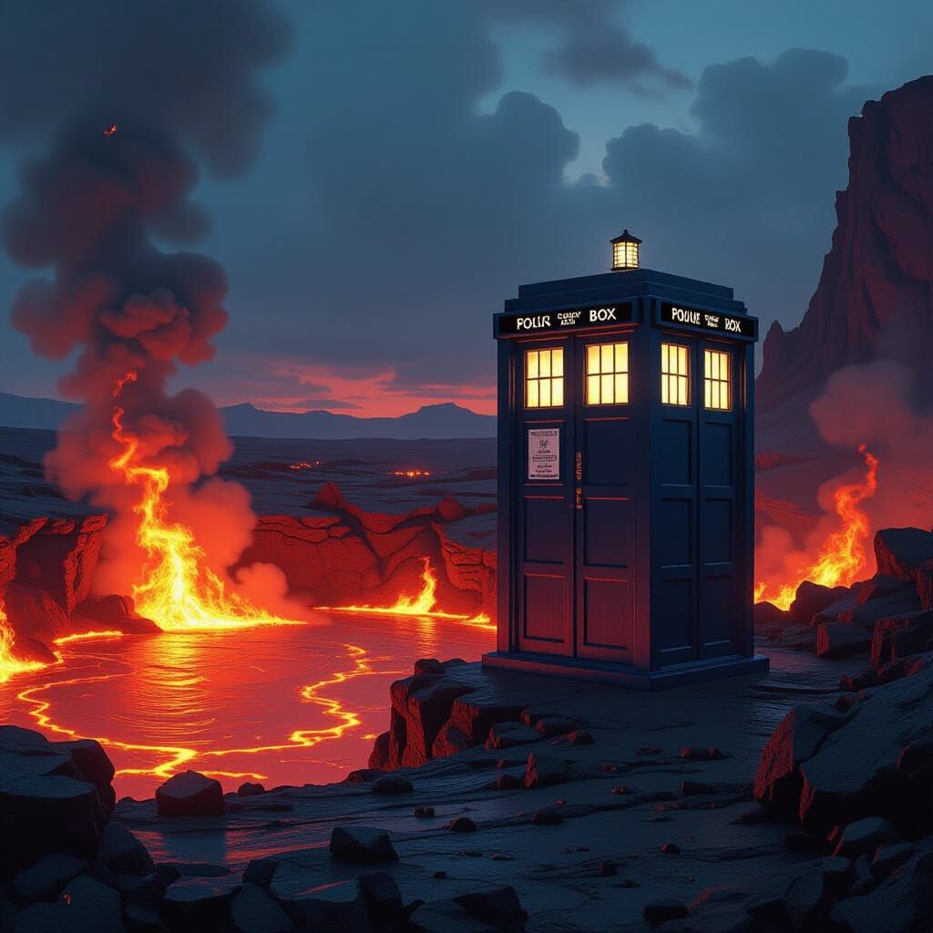 Dr. Who Phone Booth in Dystopian Landscape