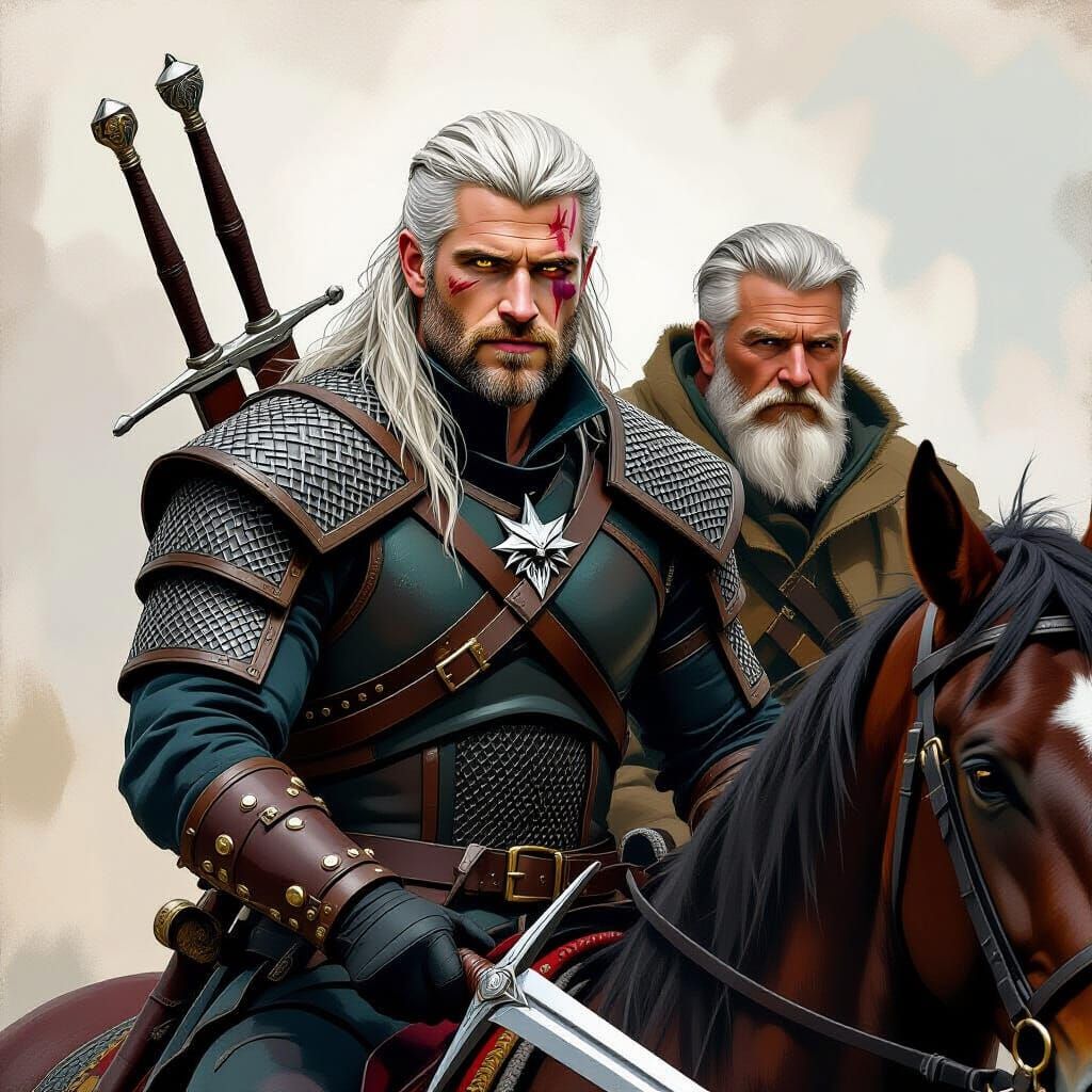 Geralt of Rivia and Vesemir in Dark Fantasy Style