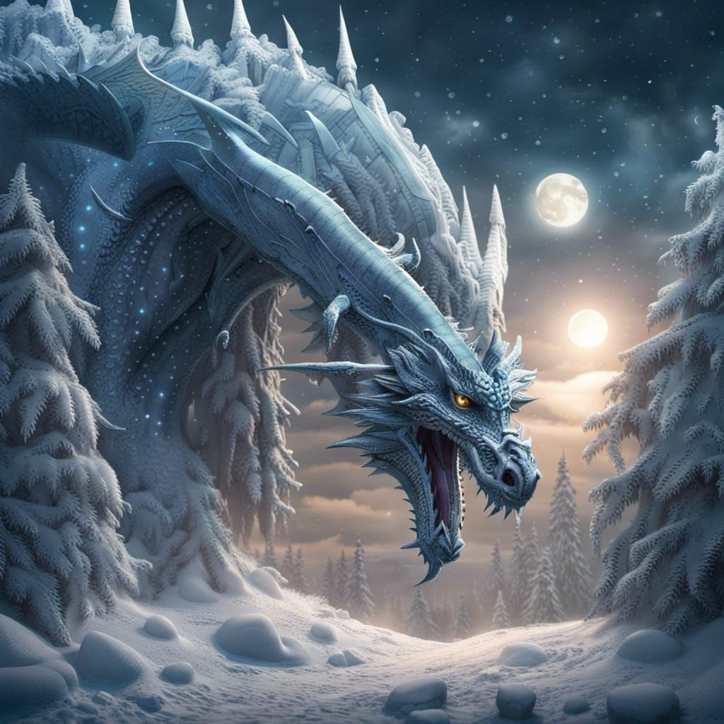 Icy Dragon in Moonlit Winter Landscape