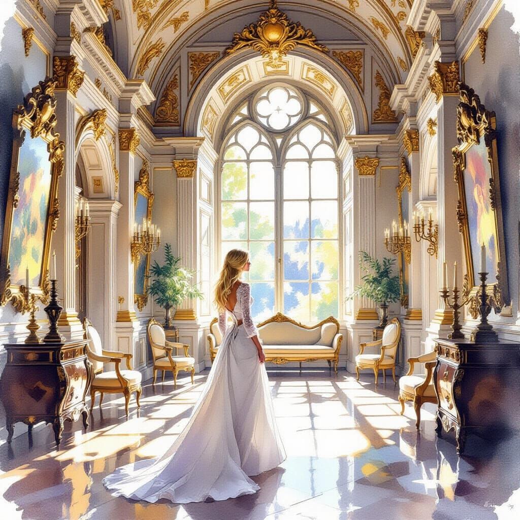 Woman in Grand Castle Hall, Luminous Watercolor Style