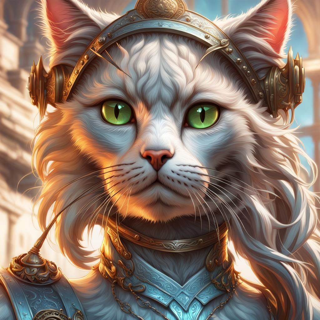 White Cat Portrait in Hyperdetailed Splash Art Style