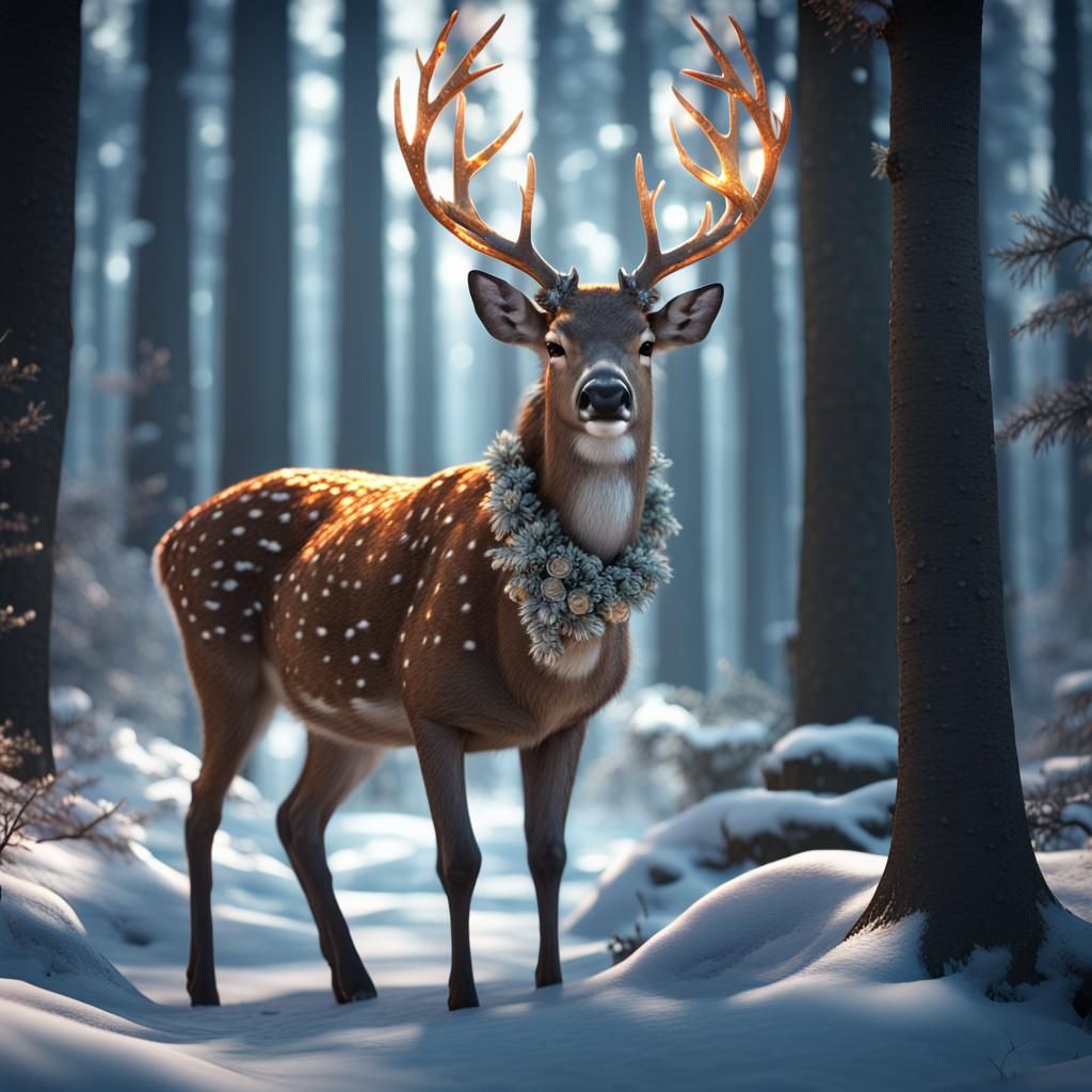 Deer in New Year's Costume in Forest, 8K