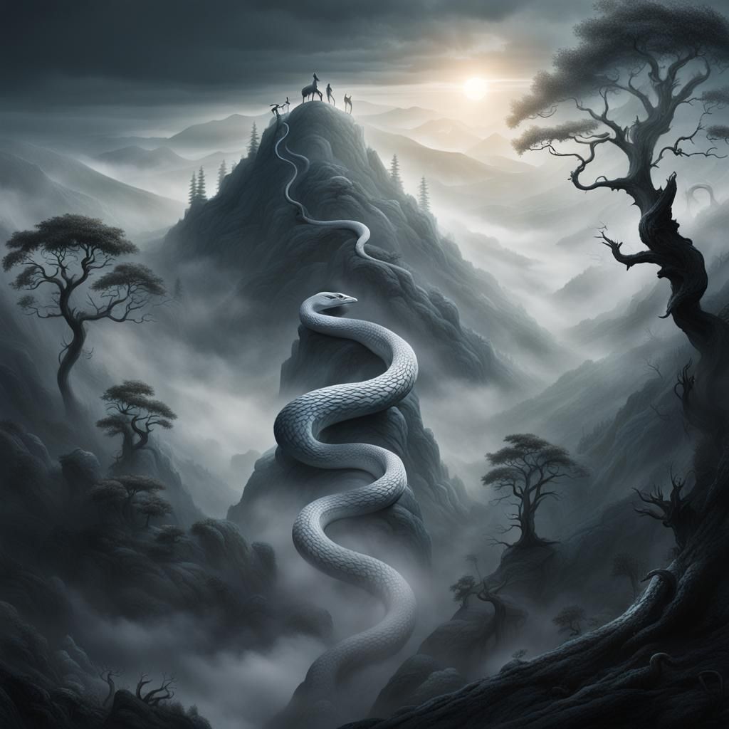White Snake Descending Misty Mountain Peak