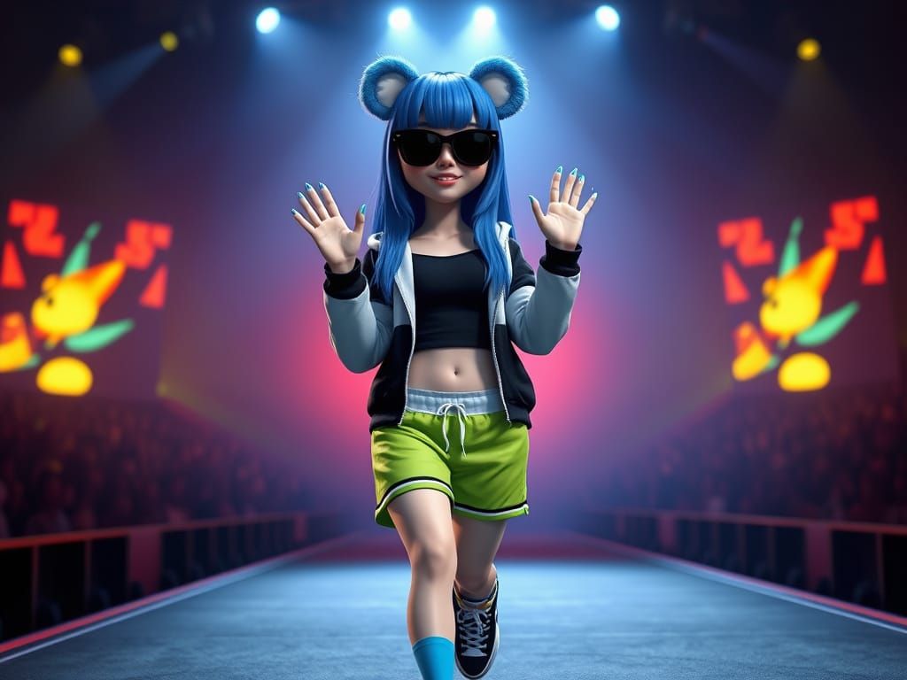 Blue-Haired Woman on Stage in Pixar 3D Style