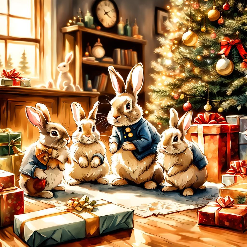 Rabbit Family Celebrates Christmas in Watercolor Style