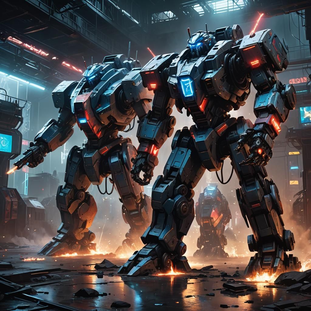 Mecha Clash in Cyberpunk Arena: Colossal Robot Battle