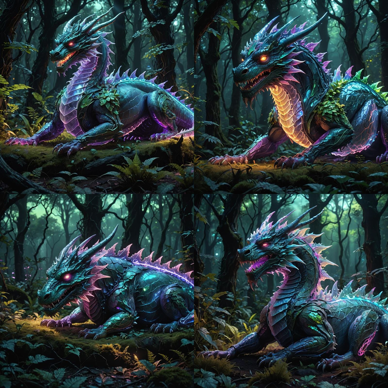 Holographic Dragon Asleep in Neon Forest