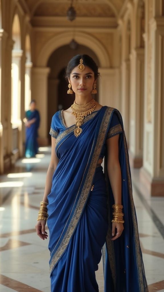 Regal Beauty Walks Through Palace Corridor in Opulent Bollyw...