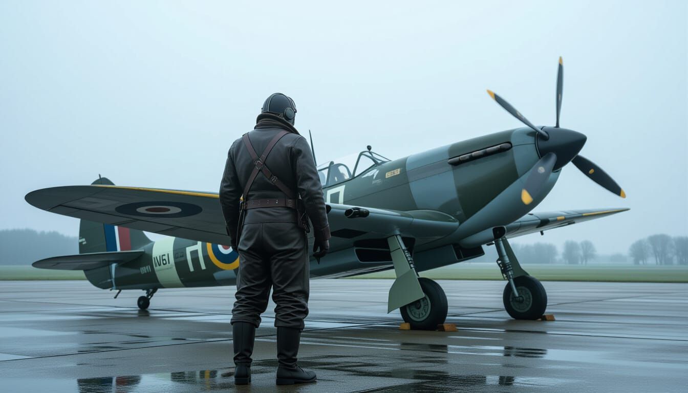 WWII RAF Pilot Beside Spitfire in Misty Dawn
