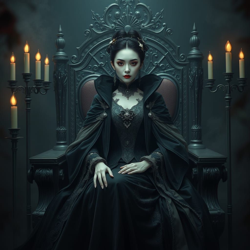 Ethereal Asian Vampire Queen in Victorian Gothic Attire