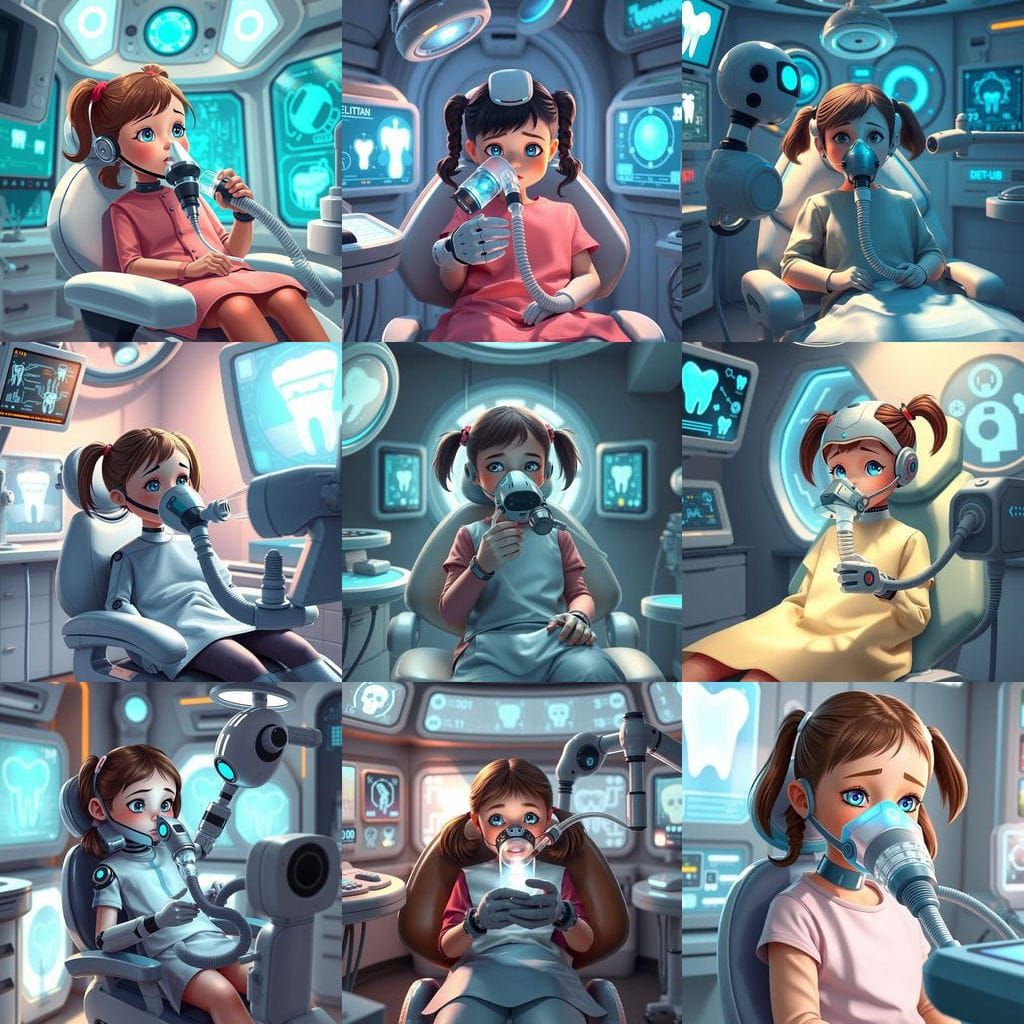 Nervous Girl in Futuristic Dental Chair, Holographic Display...