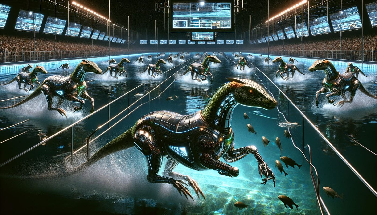 Underwater Android Lizard-Horse Race in Raypunk Style