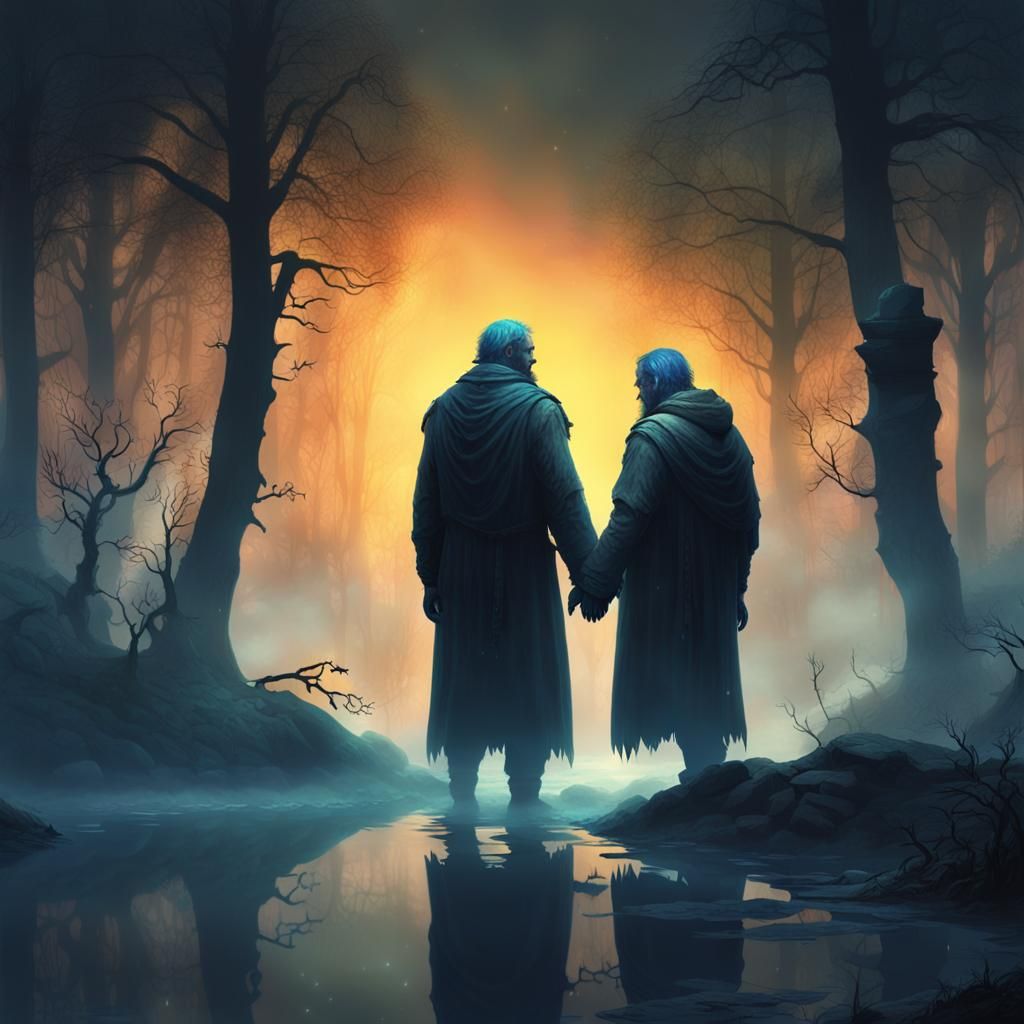 Spectral Figures Embrace in Foggy Landscape