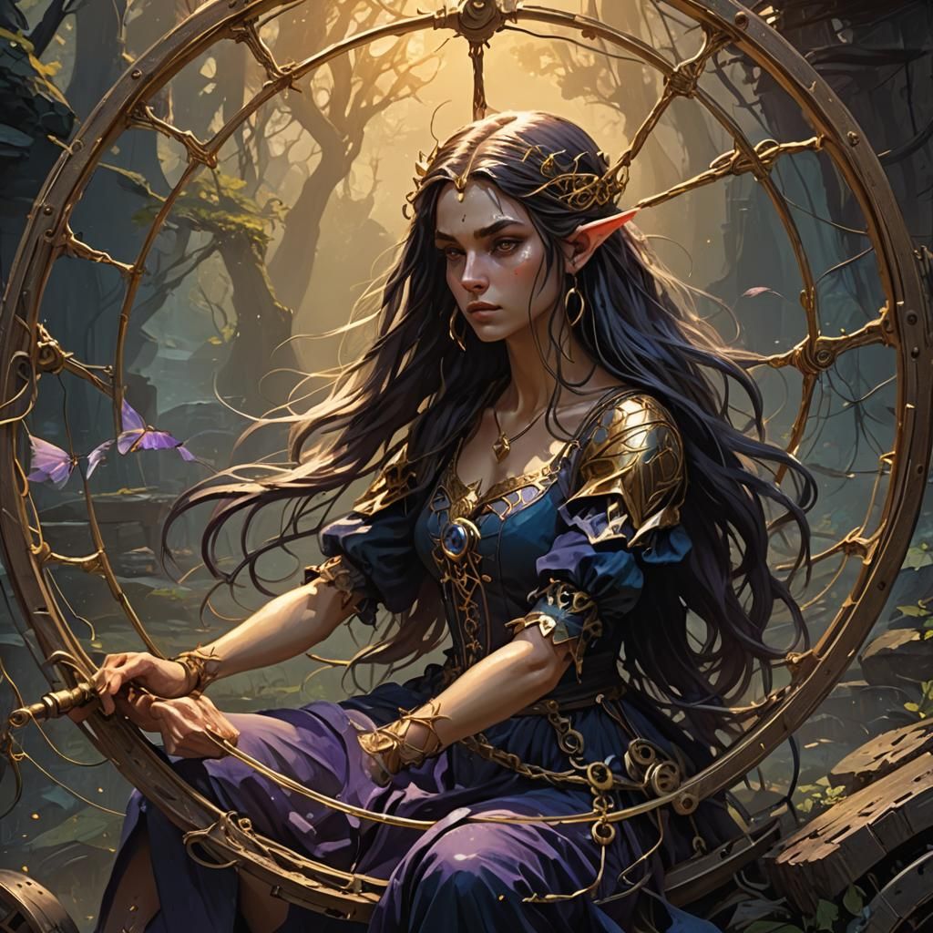 Elf with Golden Wire Wheel, Fantasy Art