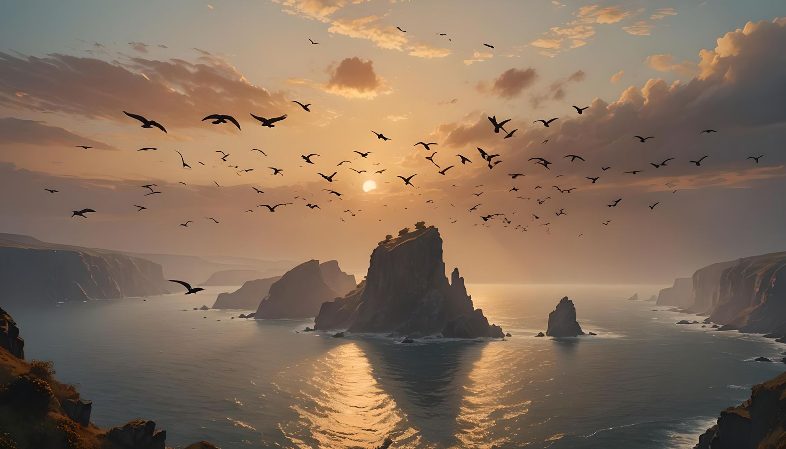 Abstract Birds Fly Over Sea Cliffs