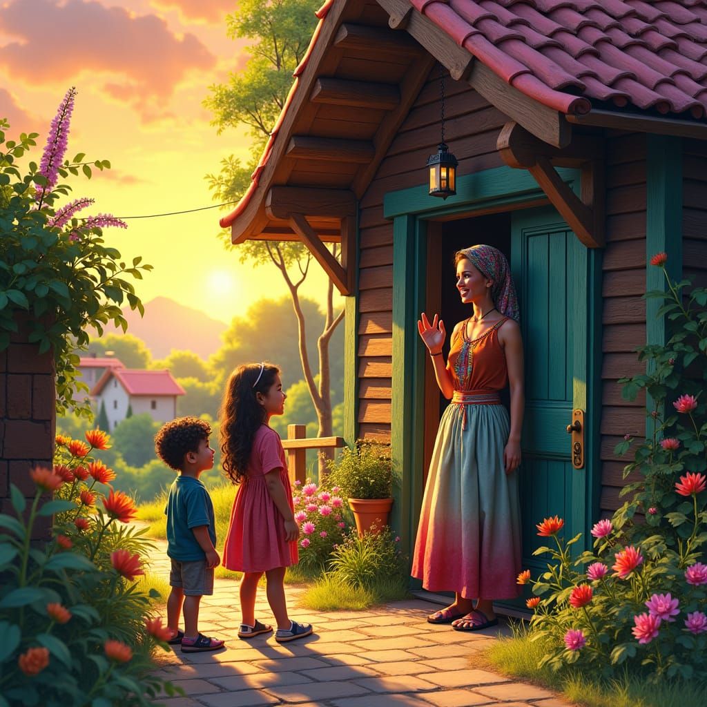 Warm Sunset Scene with Enchanted Neighborhood