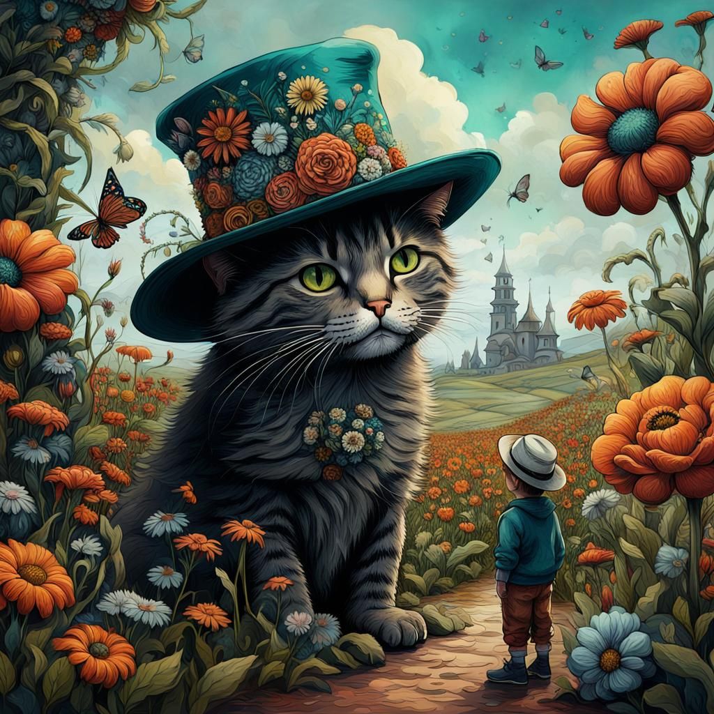 Whimsical Folk Art: Boy and Spindly Cat