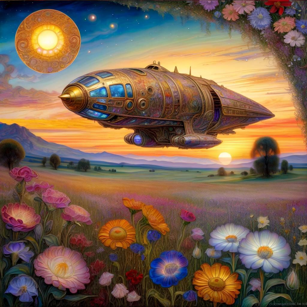 Spaceship Among Flowers: A Klimt-Inspired Fantasy