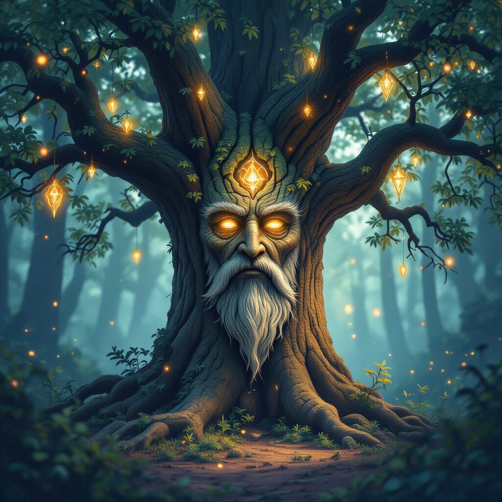 Enchanted Forest Tree with Glowing Runes and Magic Particles