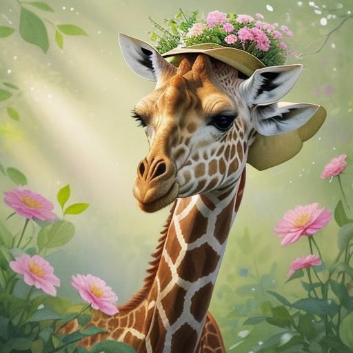 Giraffe Gardener in Lush Watercolor Garden
