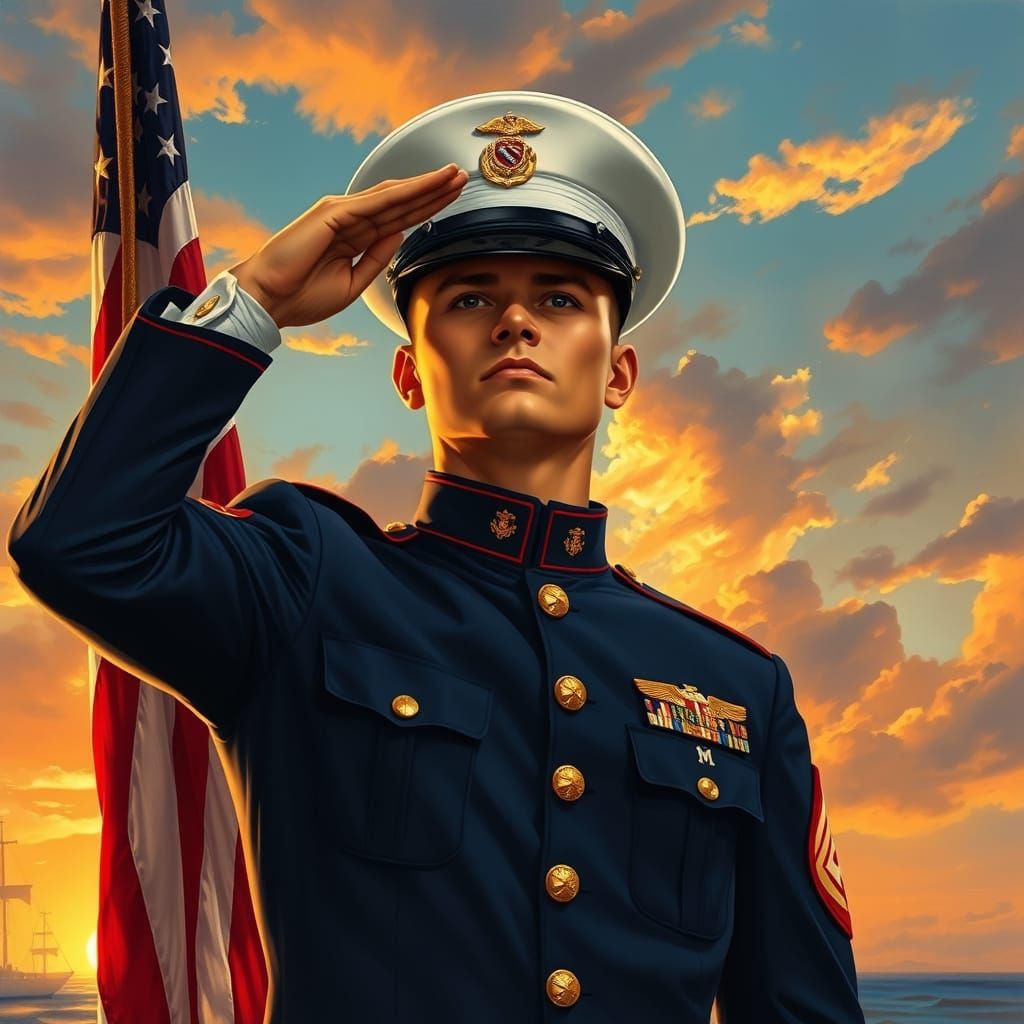 Proud United States Marine Salutes the American Flag