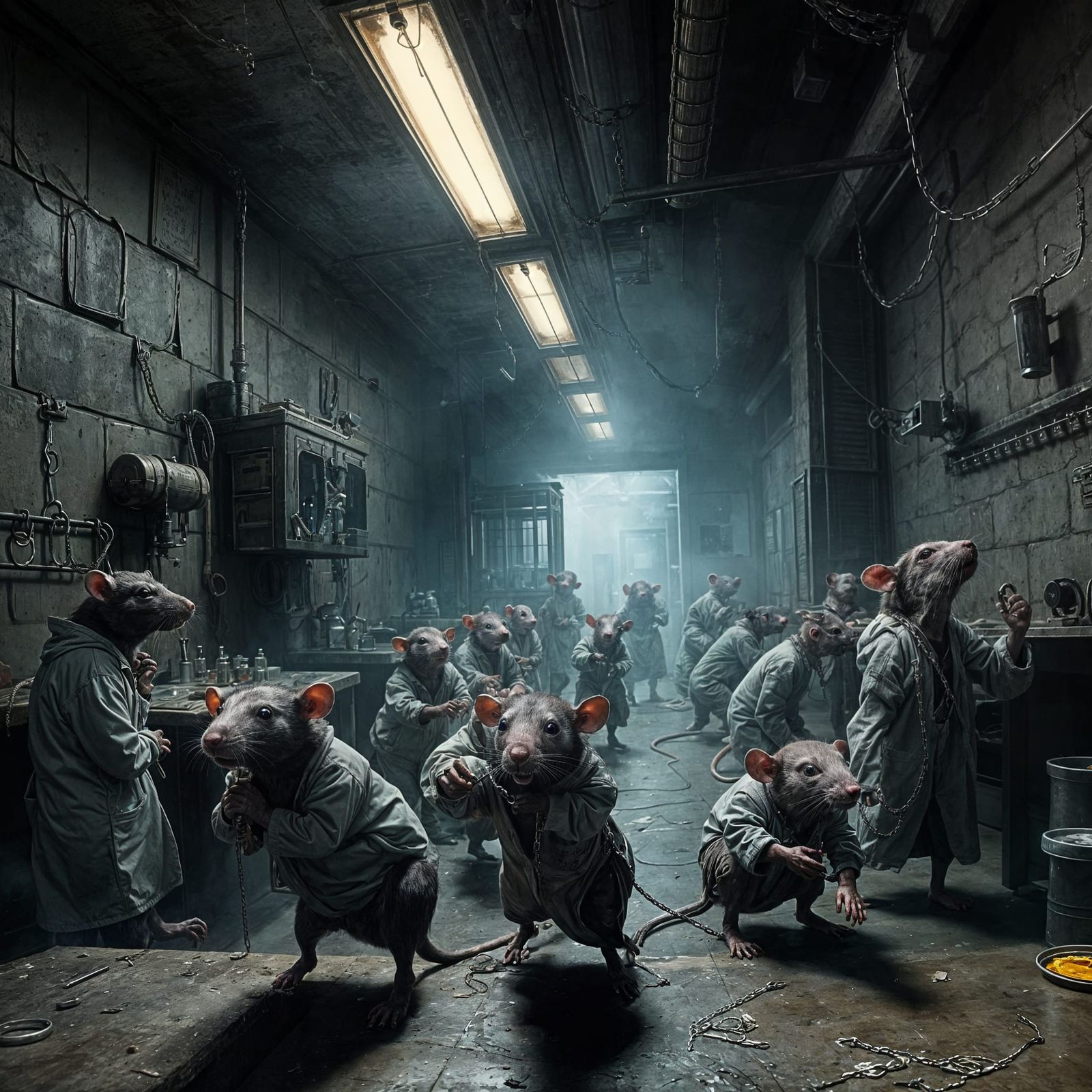 Dark Industrial Scene of Rodents Running a Meth Lab