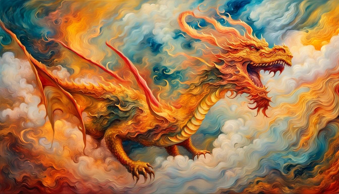 Flaming Dragon Soaring in Impressionist Landscape