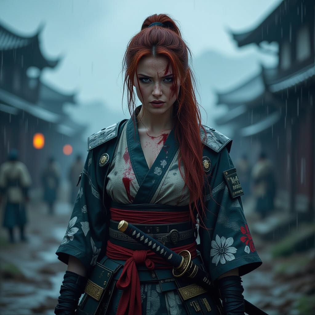 Furious Samurai Woman in Rainy Battlefield