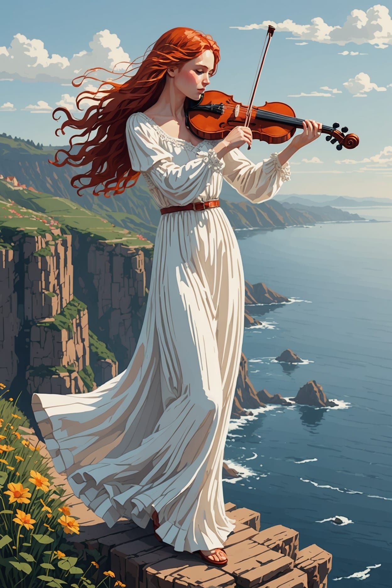 woman playing the violin on a cliff overlooking the ocean