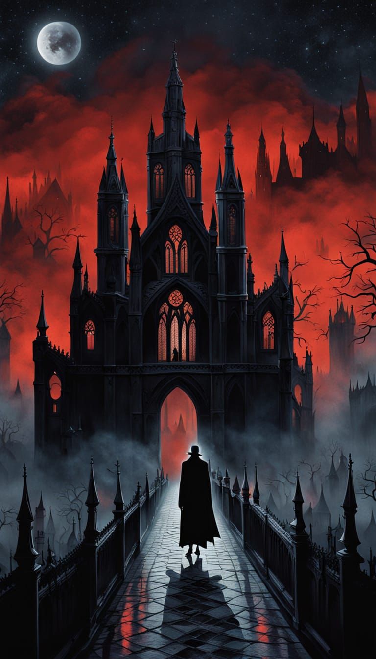 Gothic Vampire Rises Above a Starry Cityscape in a Dreamlike...