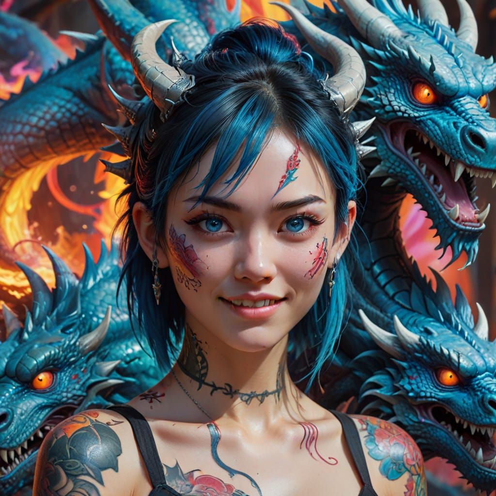 Japanese Girl with Dragon Horns in Cyberpunk Style