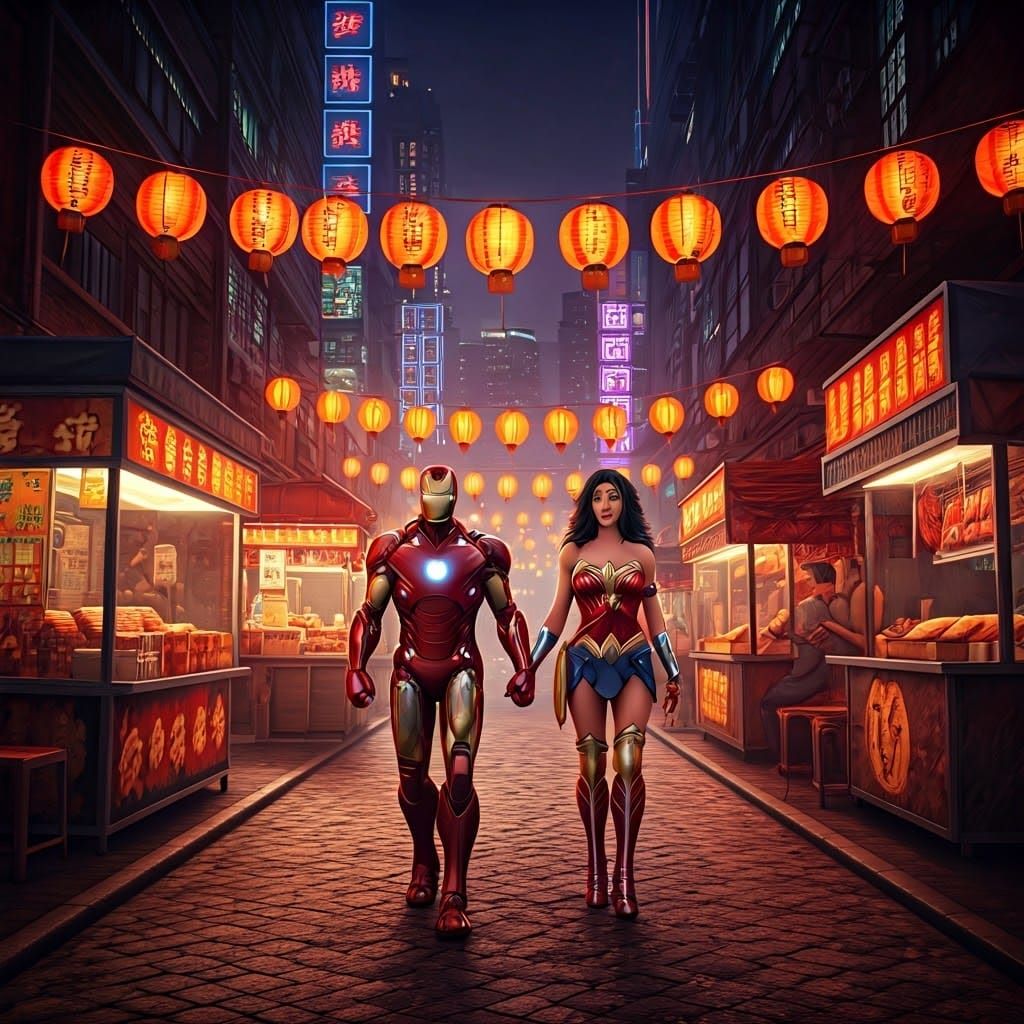 Iron Man and Wonder Woman in Taipei Night Market
