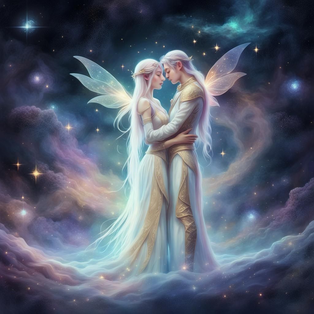Elven Couple's Ethereal Embrace in Space
