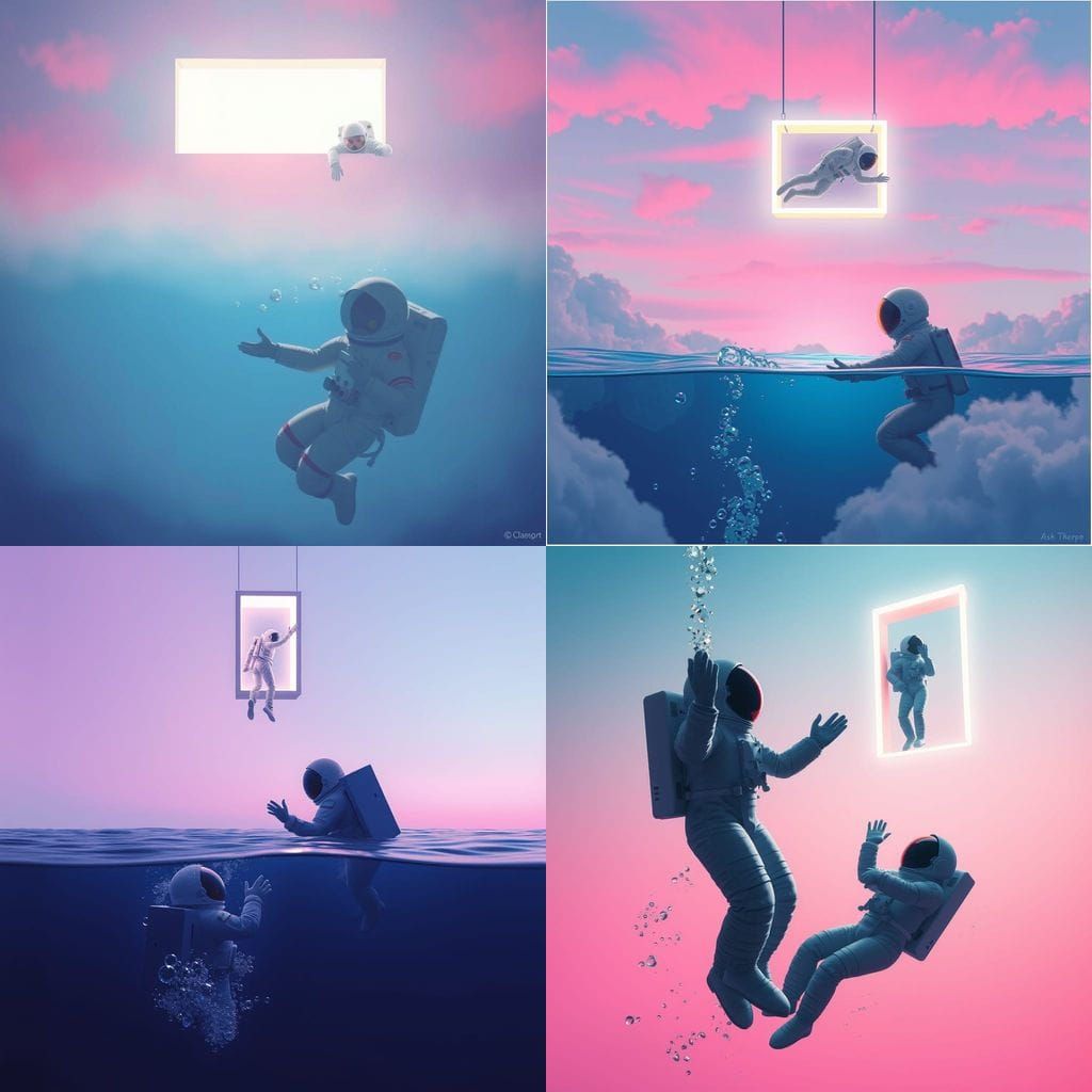 Surreal Astronauts in Dreamlike Underwater Scene