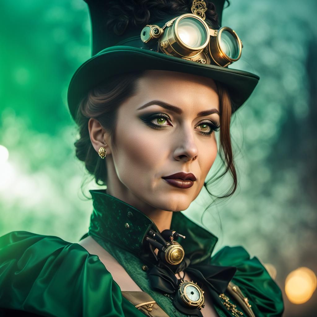 Steampunk Woman Portrait in Green and Khaki