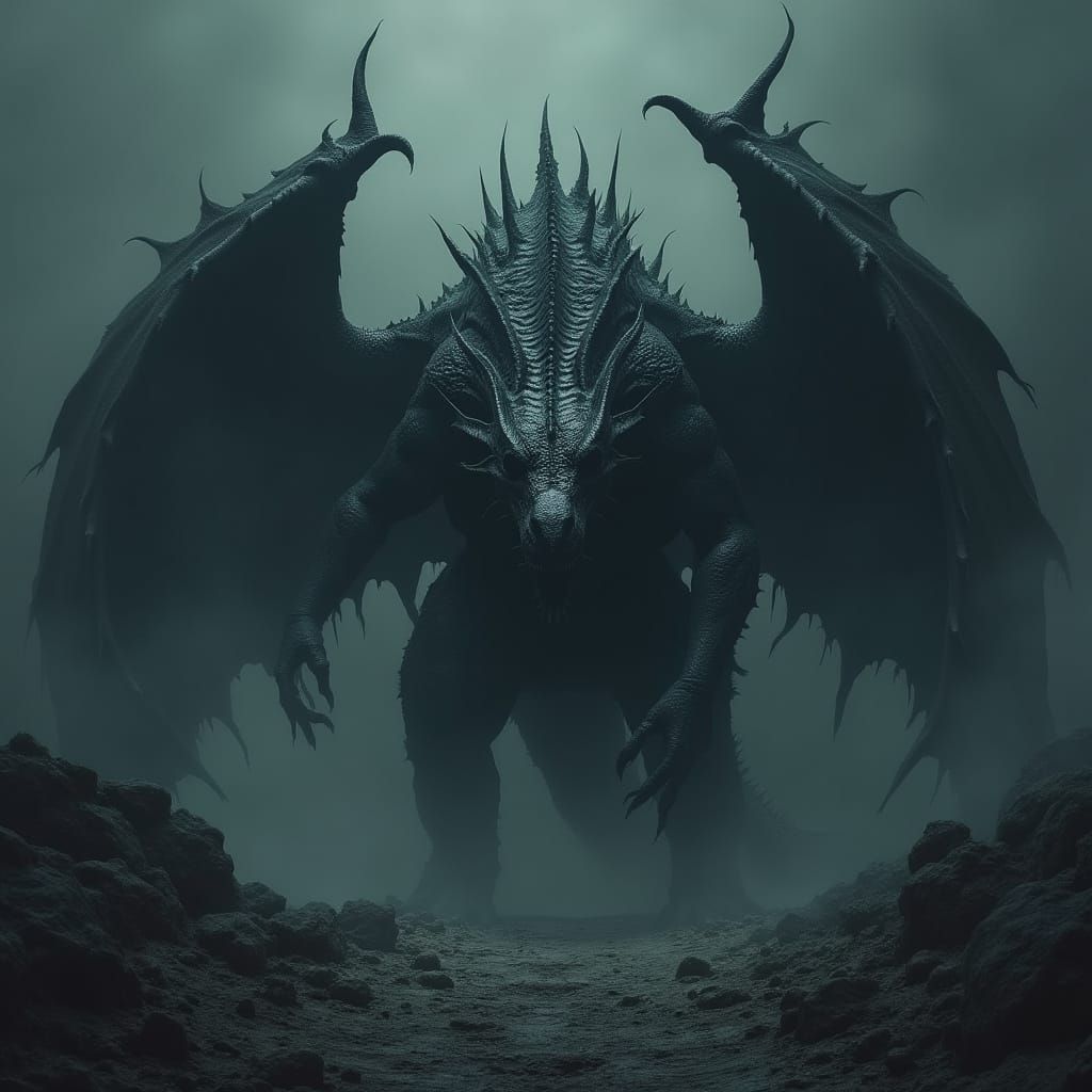 Monstrous Three-Headed Black Dragon Emerges from Darkness