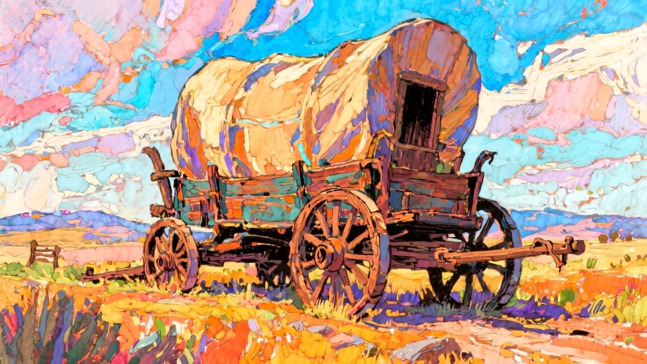An old western conestoga wagon on the Oregon trail.