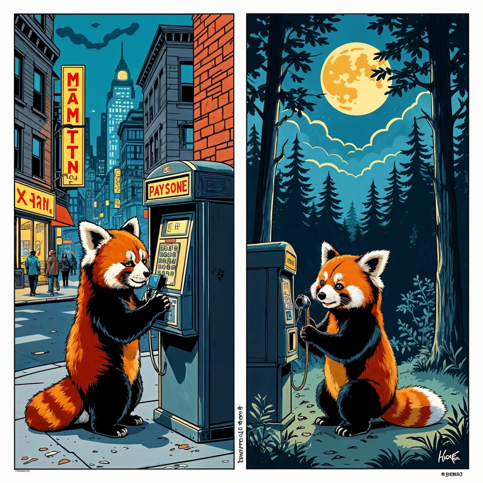 Red Pandas Chatting on Pay Phones in Comic Strip