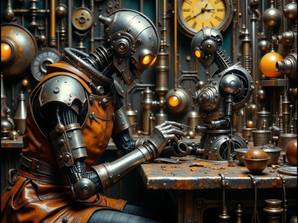 Cyborg Repairing Robot in Dystopian Blacksmith Shop