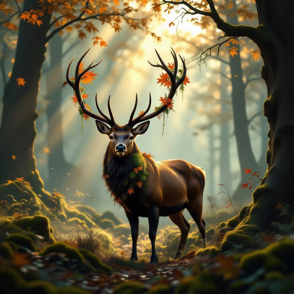 Majestic Stag in Misty Forest, Autumn Glow